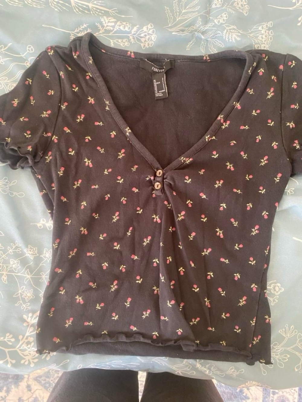 Forever 21 Black Short-Sleeve V-Neck Tee with Red Floral Print